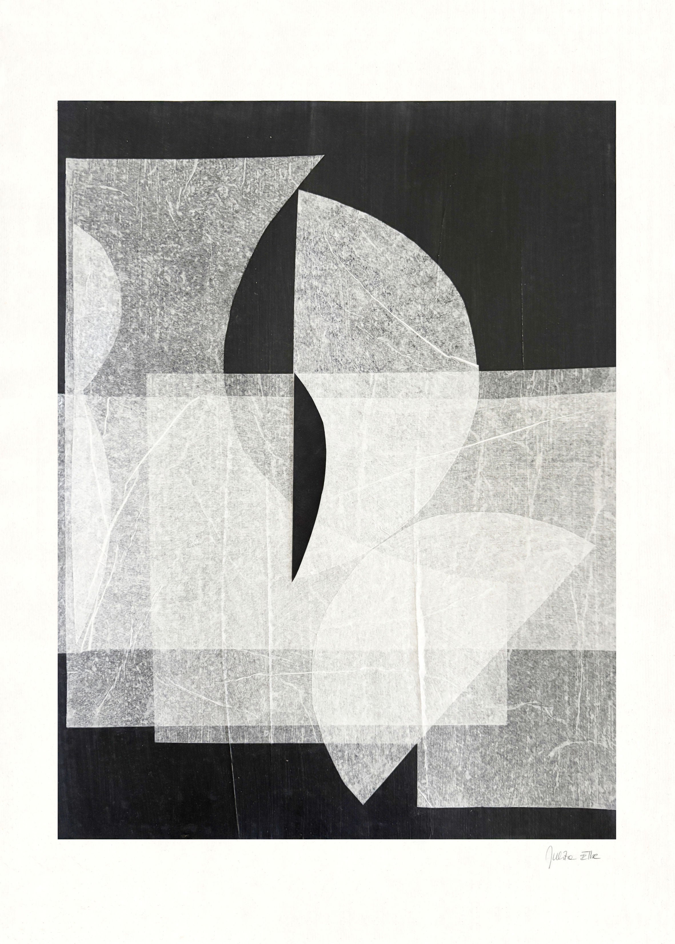 Abstract geometric mixed media artwork with black and white circular forms