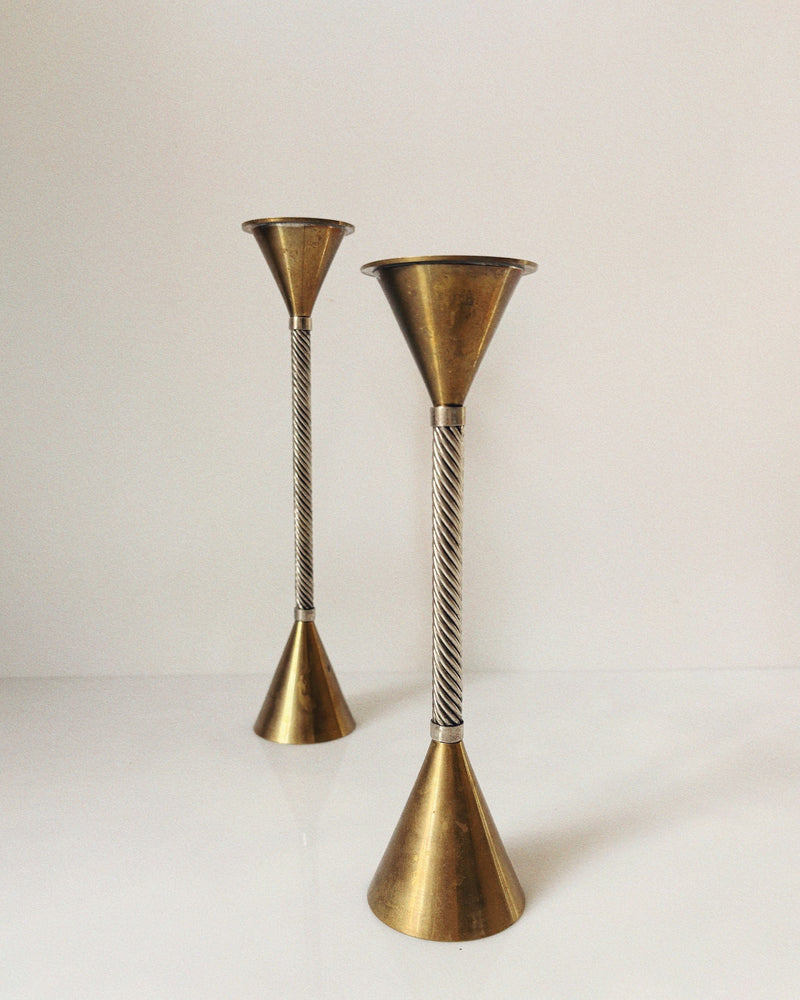 Pair of brass postmodern candleholders with twisted metal stems