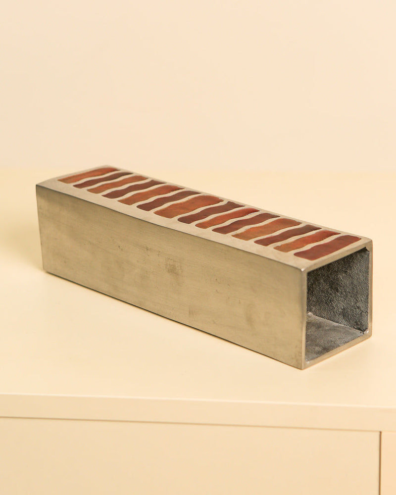 Rectangular aluminum vase with red enamel stripes, 1970s design
