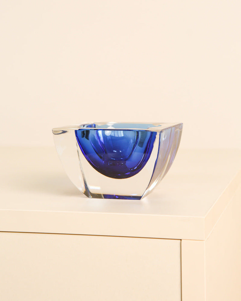 Square blue crystal ashtray detail showing geometric faceted design