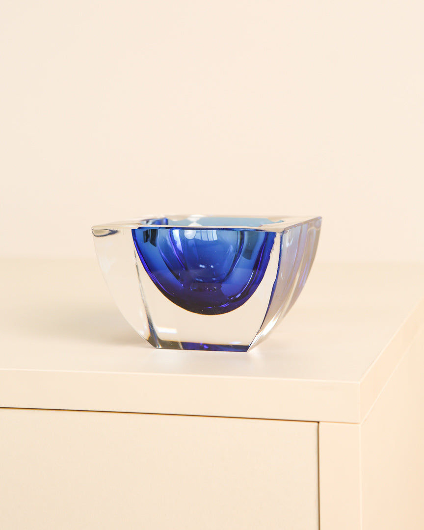 Square blue crystal ashtray detail showing geometric faceted design