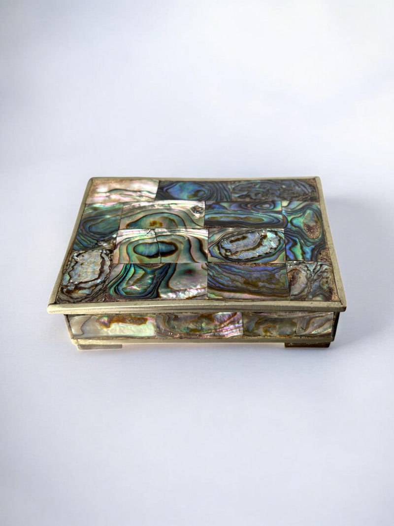 Vintage abalone shell inlay box with brass trim, Mexico 1970s