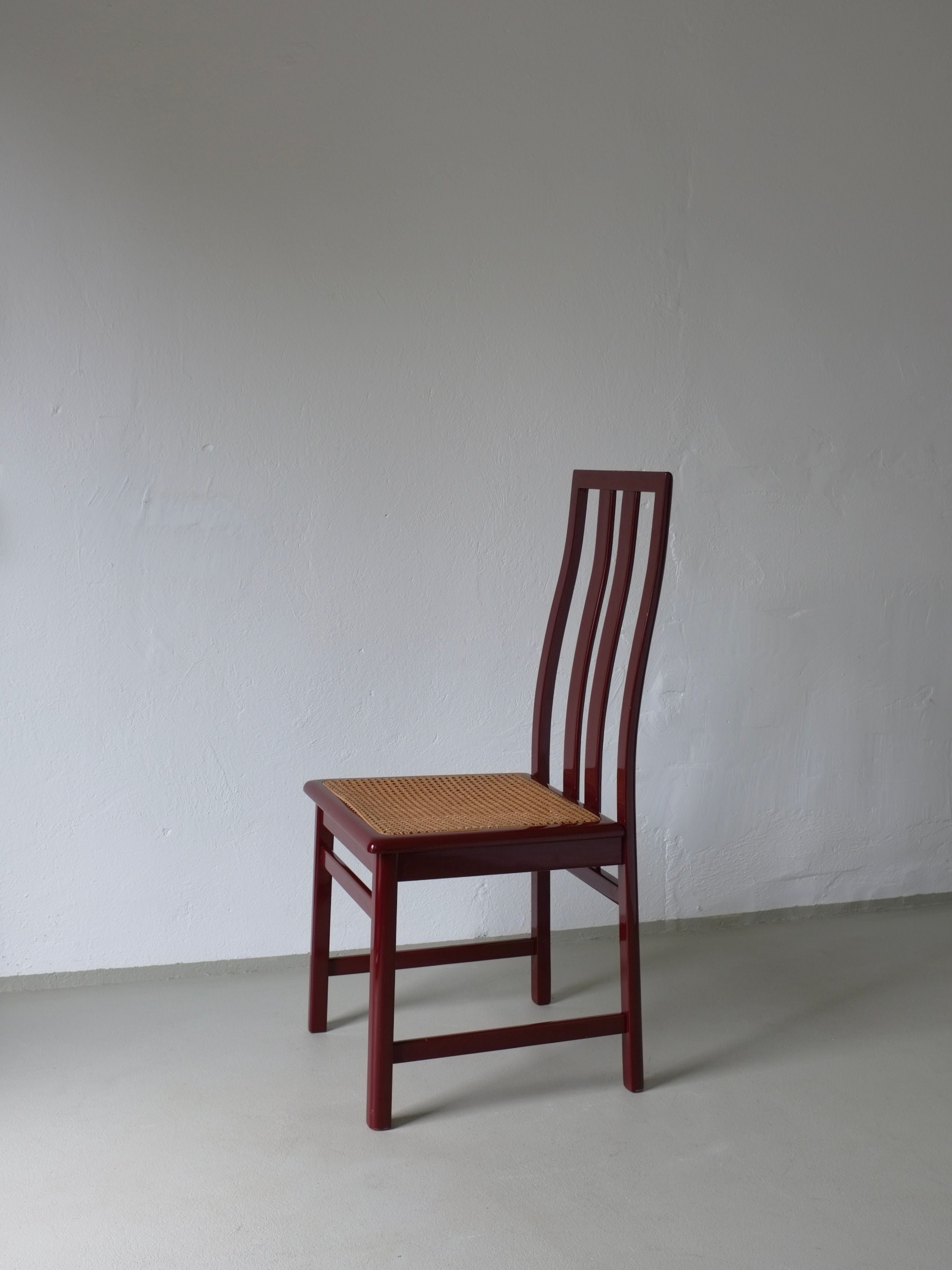 4 Glossy Wine Red Cane Seat Chairs | Italy | 1970s