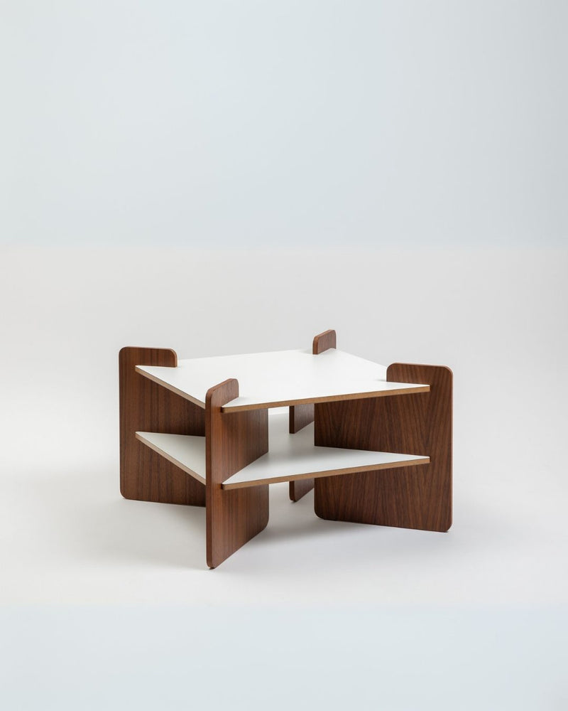 Walnut side table with white shelves showing profile view