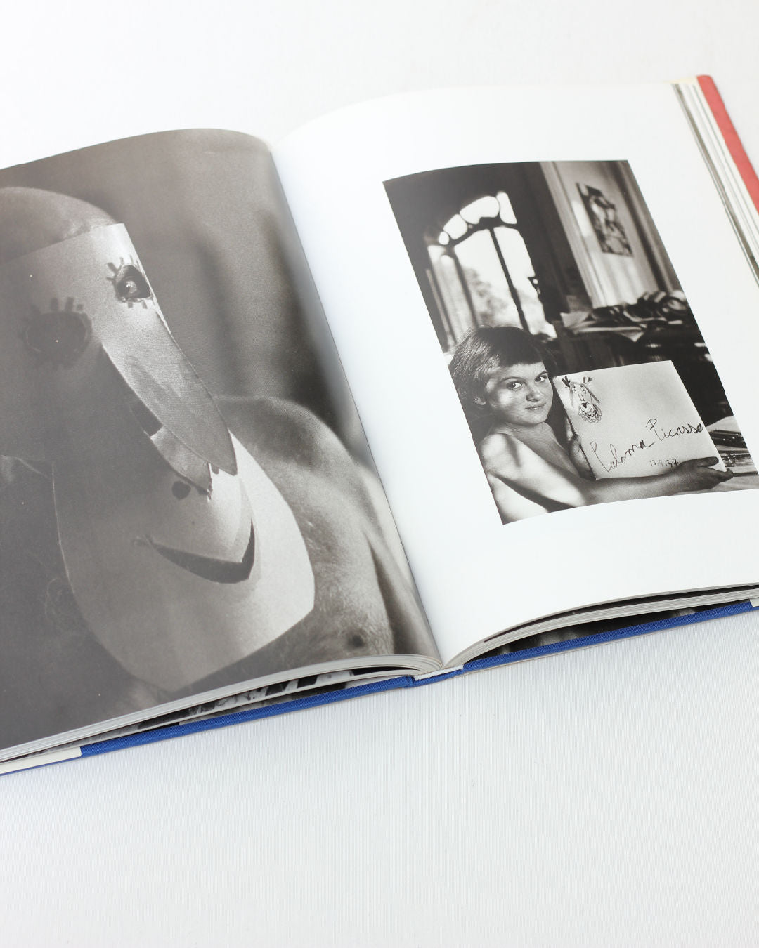 An open book, "Picasso and Jacqueline" from Boga Avante Shop, shows two black-and-white photos: one of a person with a drawn paper mask, and another of Jacqueline at a table holding a Picasso-signed book, photographed by David Douglas Duncan.