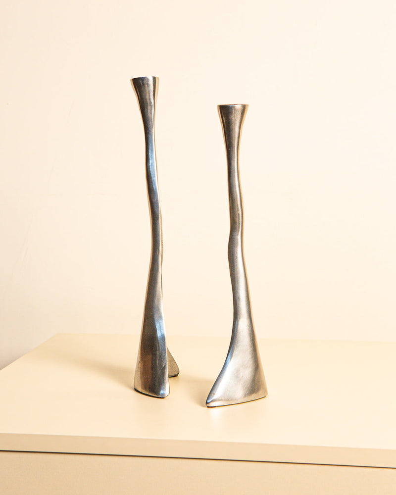Modern Italian silver candlesticks pair with twisted elongated form