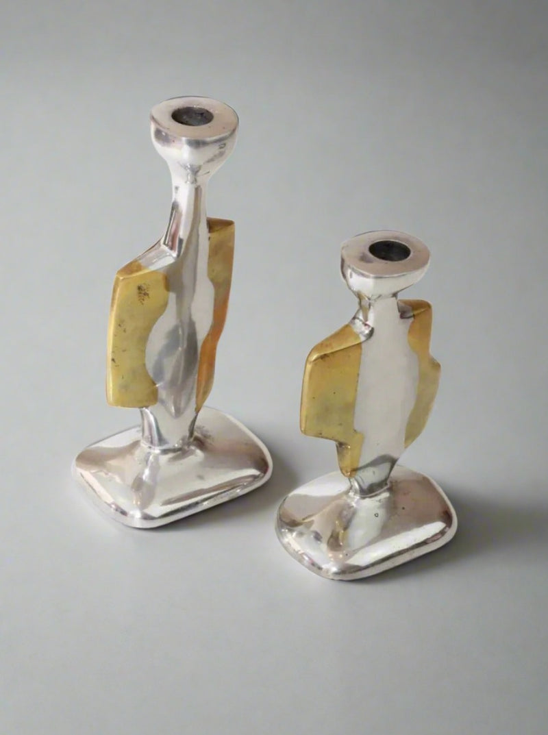 Pair of Brutalist candleholders, handcrafted iron with a rustic finish