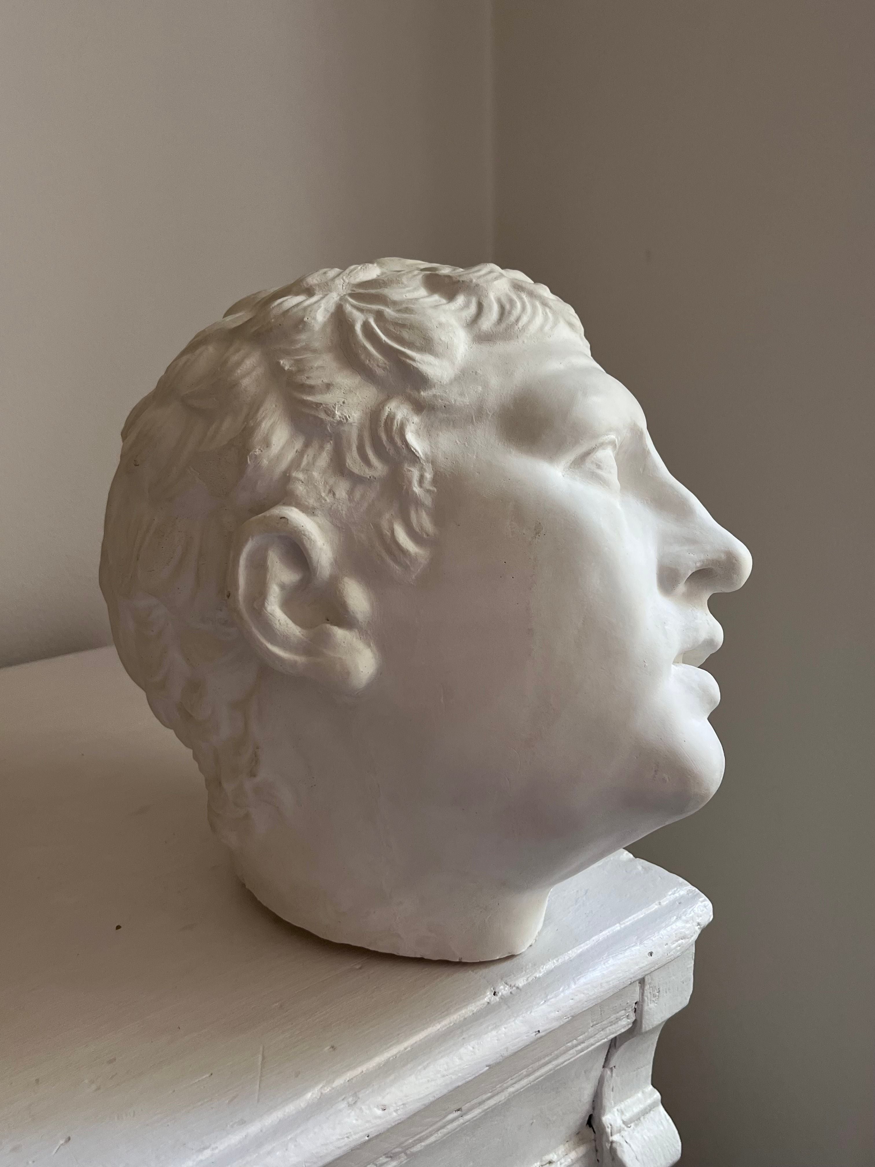 The Italian Male in Plaster by Médecine is a white marble bust of a man's head, showcasing detailed features such as short curly hair, a prominent nose, and a serious expression. Set against a neutral background on a surface, the vintage design of this Italian-made bust exudes timeless elegance when viewed from a side angle.