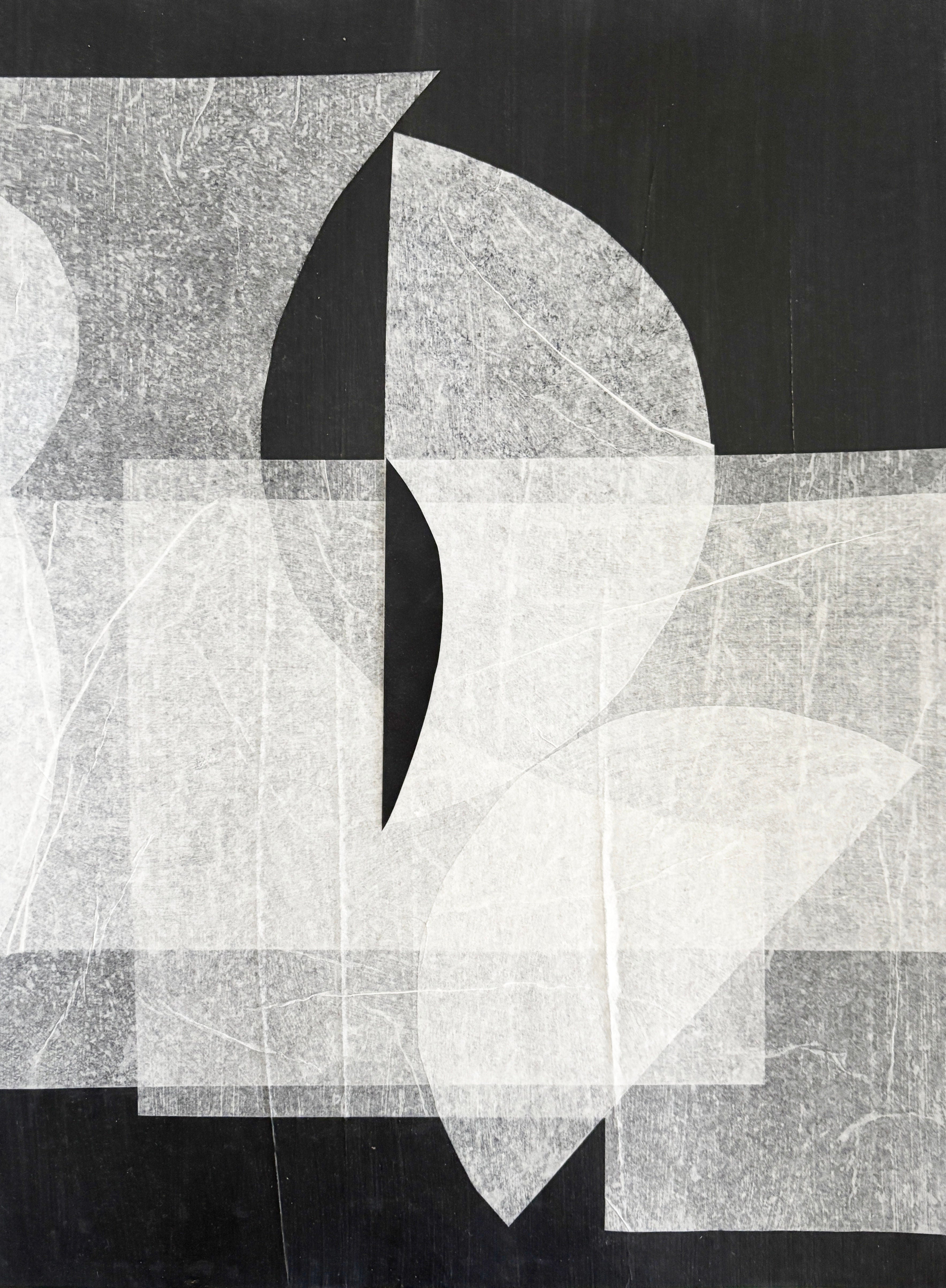Abstract geometric mixed media artwork with overlapping circles and angular shapes in monochrome tones