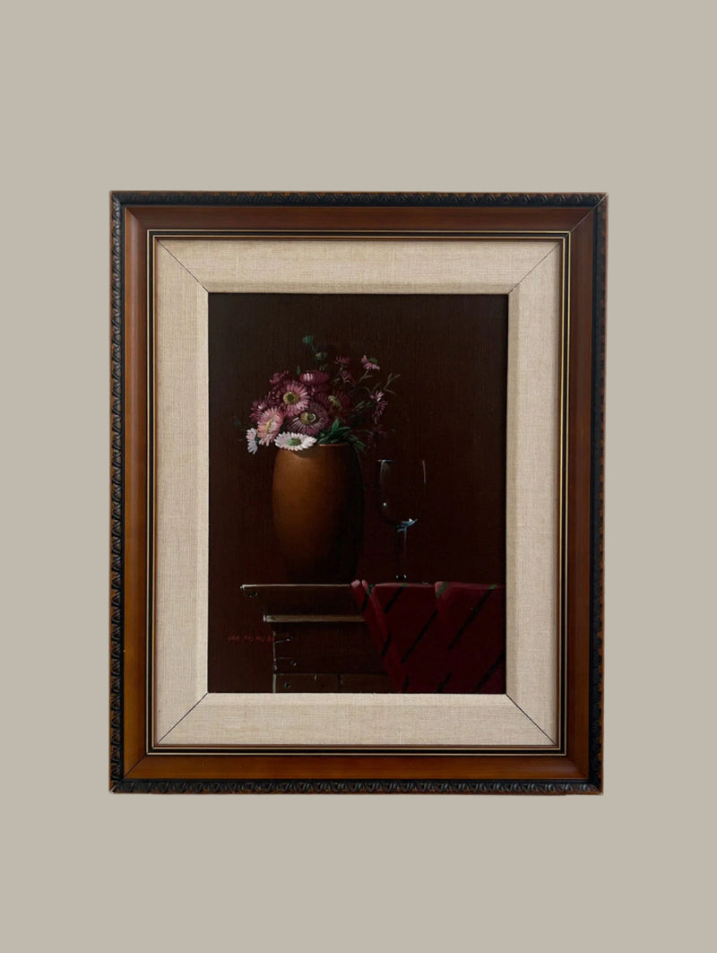 Finnish still life painting with purple flowers in earthen vase, 1986