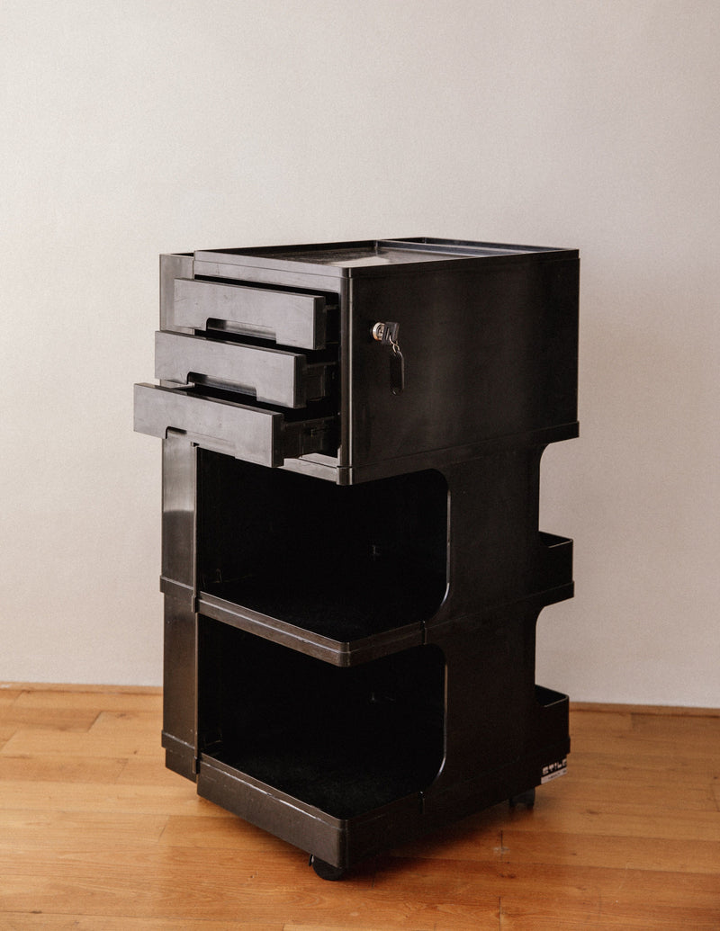 Black modular storage trolley with drawers by Giovanni Pelis