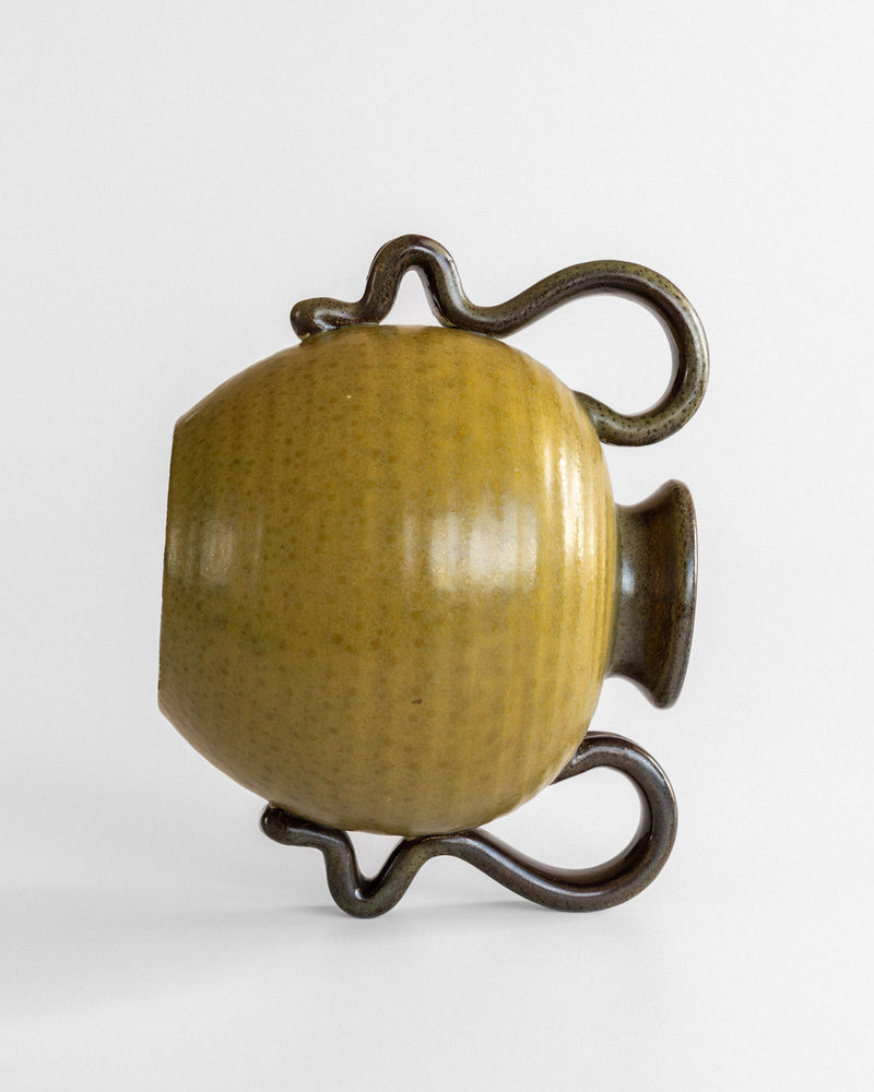 Olive ceramic vase with curved serpentine handles by Eva Jancke-Bjork