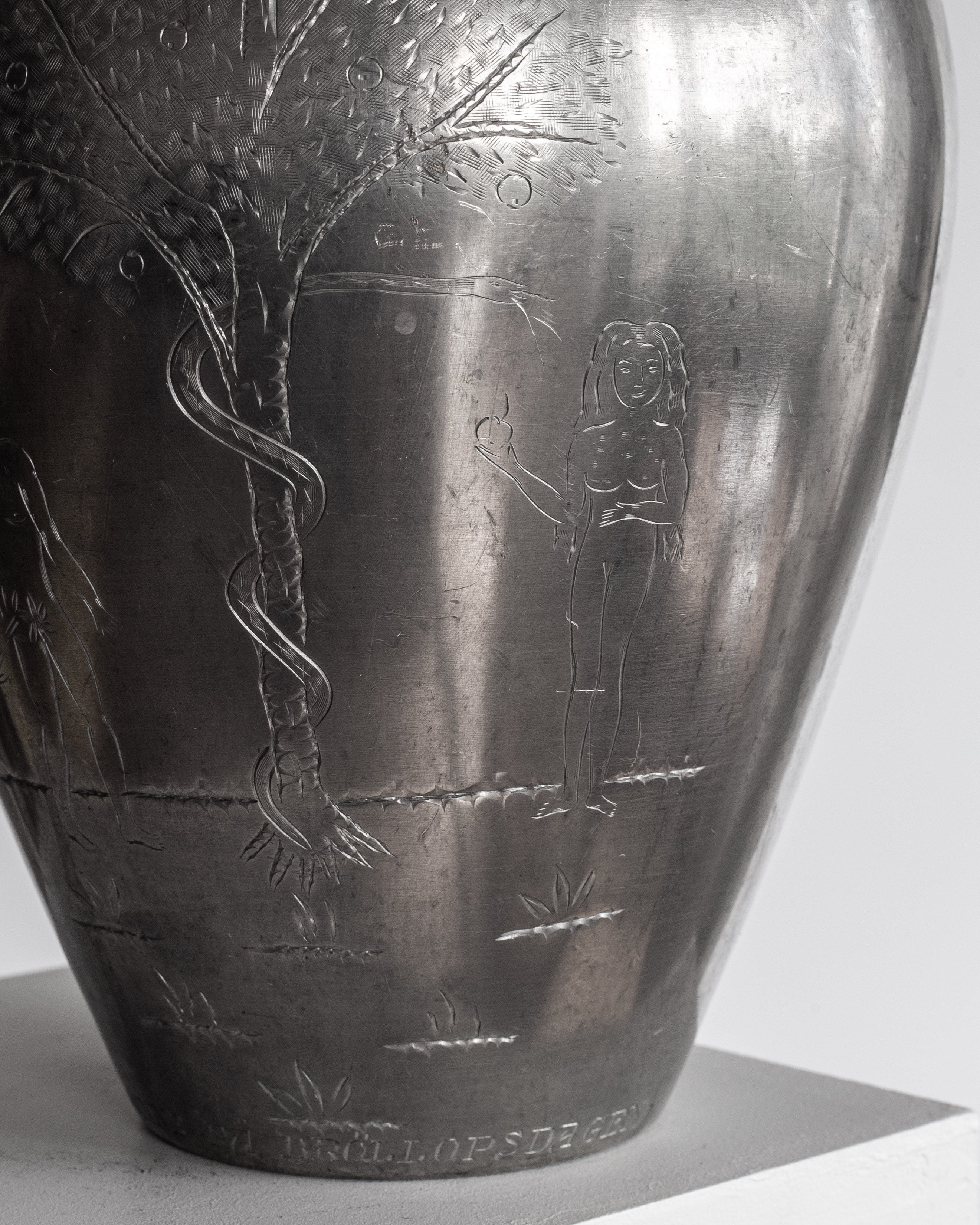 Large Swedish Art Deco Adam & Eve Pewter Amphora, 1930s