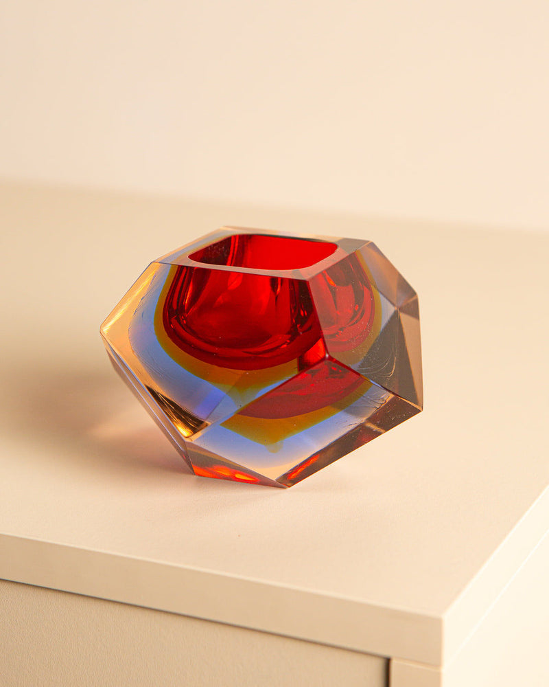 Diamond-shaped red Murano glass ashtray by Flavio Poli for Seguso