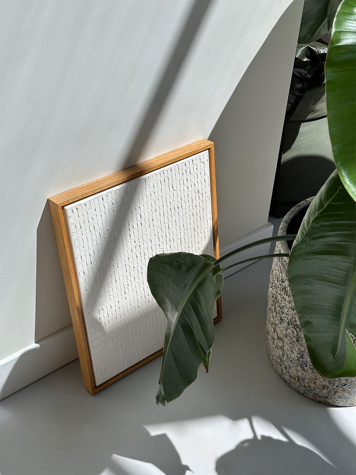 A textured white canvas, Warm White - Oil on canvas by Roi Elmaliah, in a wooden frame leans against a white wall, evoking the minimalist aesthetics of the Korean Dansaekhwa movement. A large green plant in a stone planter sits beside it, adding organic forms to the scene. Sunlight casts shadows on the wall and canvas, inviting mindfulness.