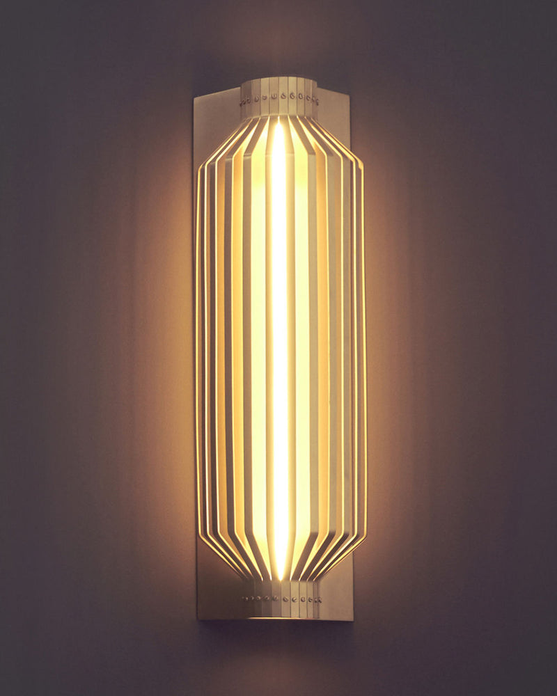 Modern wooden Tower wall light with vertical slat design glowing warmly