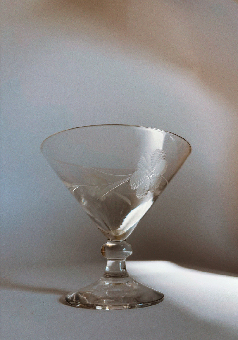 Clear glass martini coupe with delicate floral etching from set