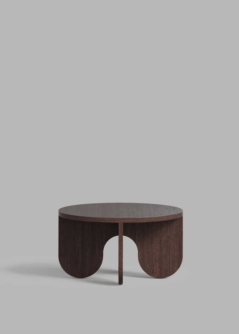 Dark walnut round coffee table with curved arch base