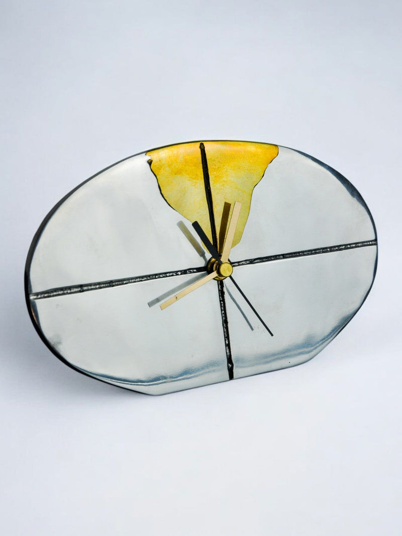 Brutalist glass clock with yellow accent by Art3 Spain 1980