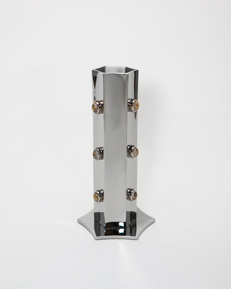 Fleur hexagonal titanium vase with decorative studs by Hein Studio