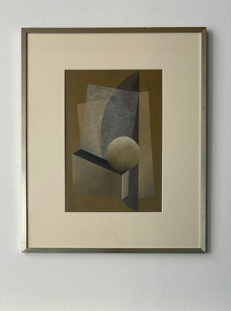 The "New Gold Dream" Painting, 2023 by Iris Bavelaar features framed abstract acrylic painting with geometric shapes in muted tones of brown, gray, and beige, including a sphere and rectangular forms. The artwork is housed in a vintage frame and measures 50x60cm; it is hung on a plain white wall above light grey molding.