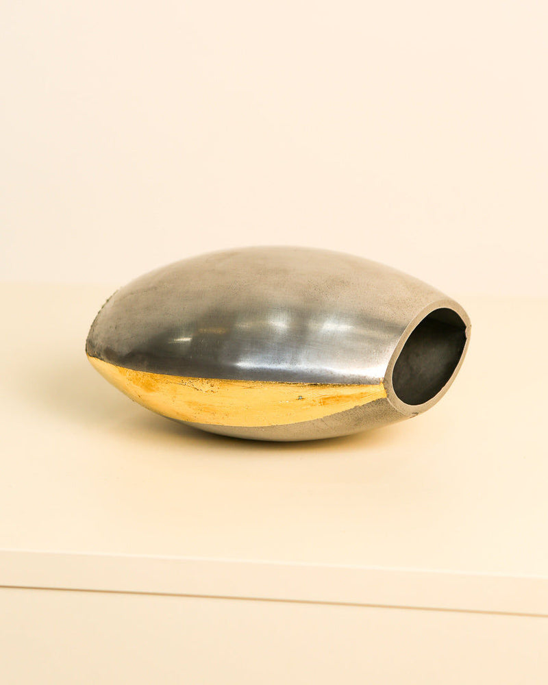 Oval ceramic vase with gold band and cylindrical spout detail