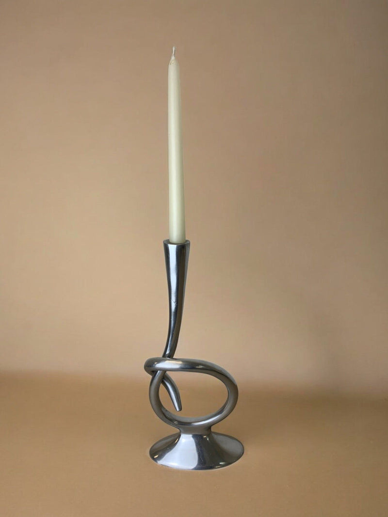 Biomorphic aluminum candleholder with twisted sculptural base, Spain 1970s
