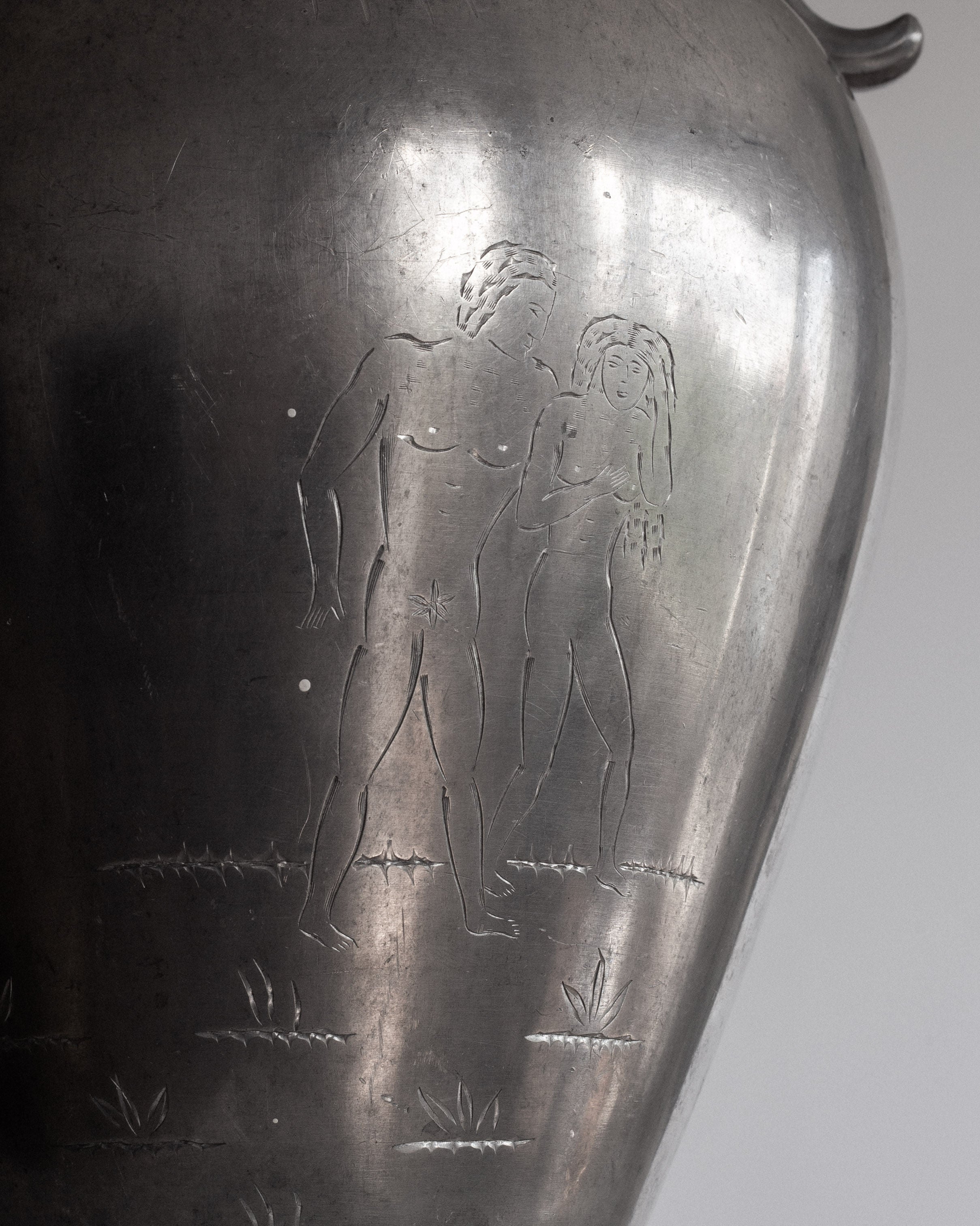 Large Swedish Art Deco Adam & Eve Pewter Amphora, 1930s