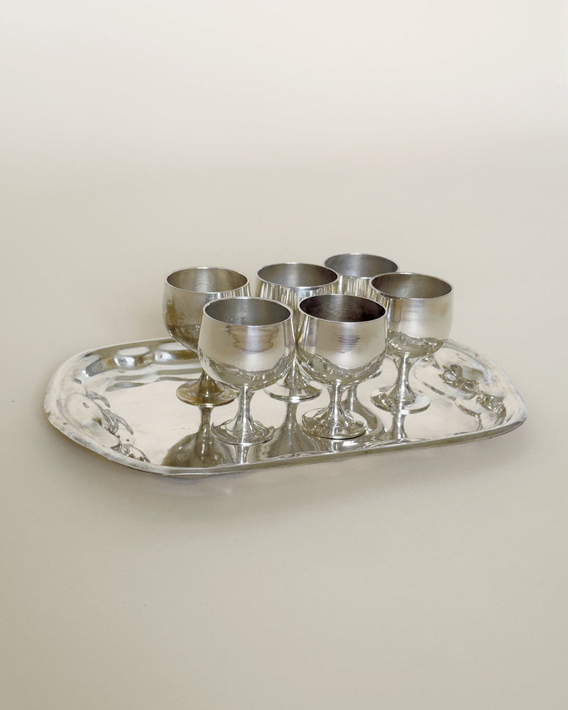 Silver plate tray with six liqueur cups vintage serveware set