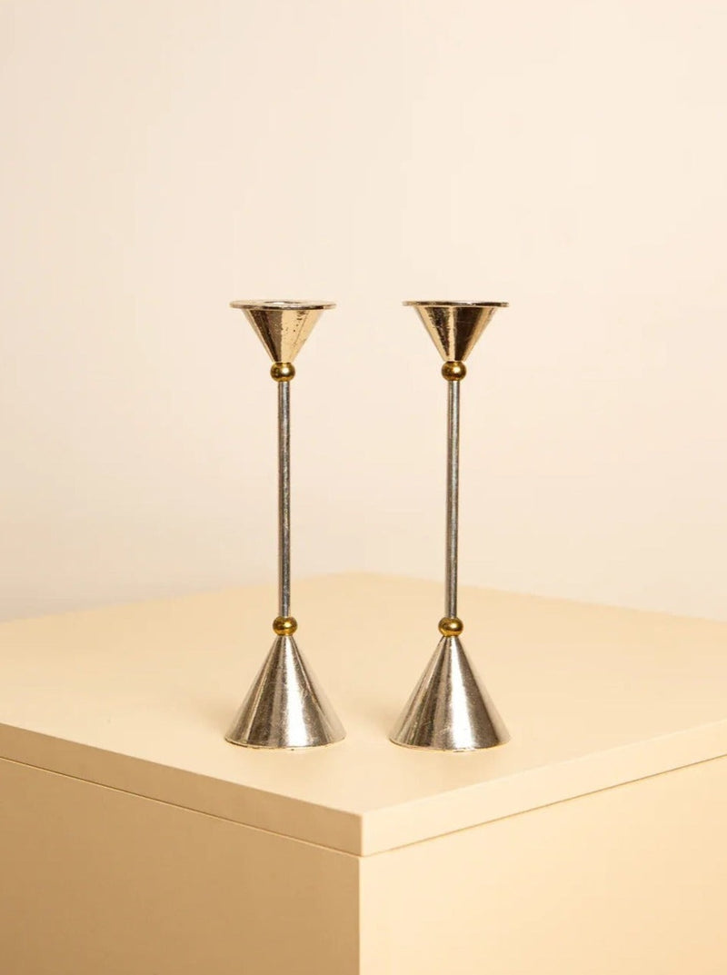 Pair of 80's Italian metal Memphis Candleholders in vibrant colors and geometric shapes