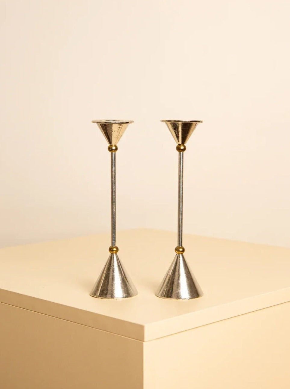 Pair of 80's Italian metal Memphis Candleholders in vibrant colors and geometric shapes