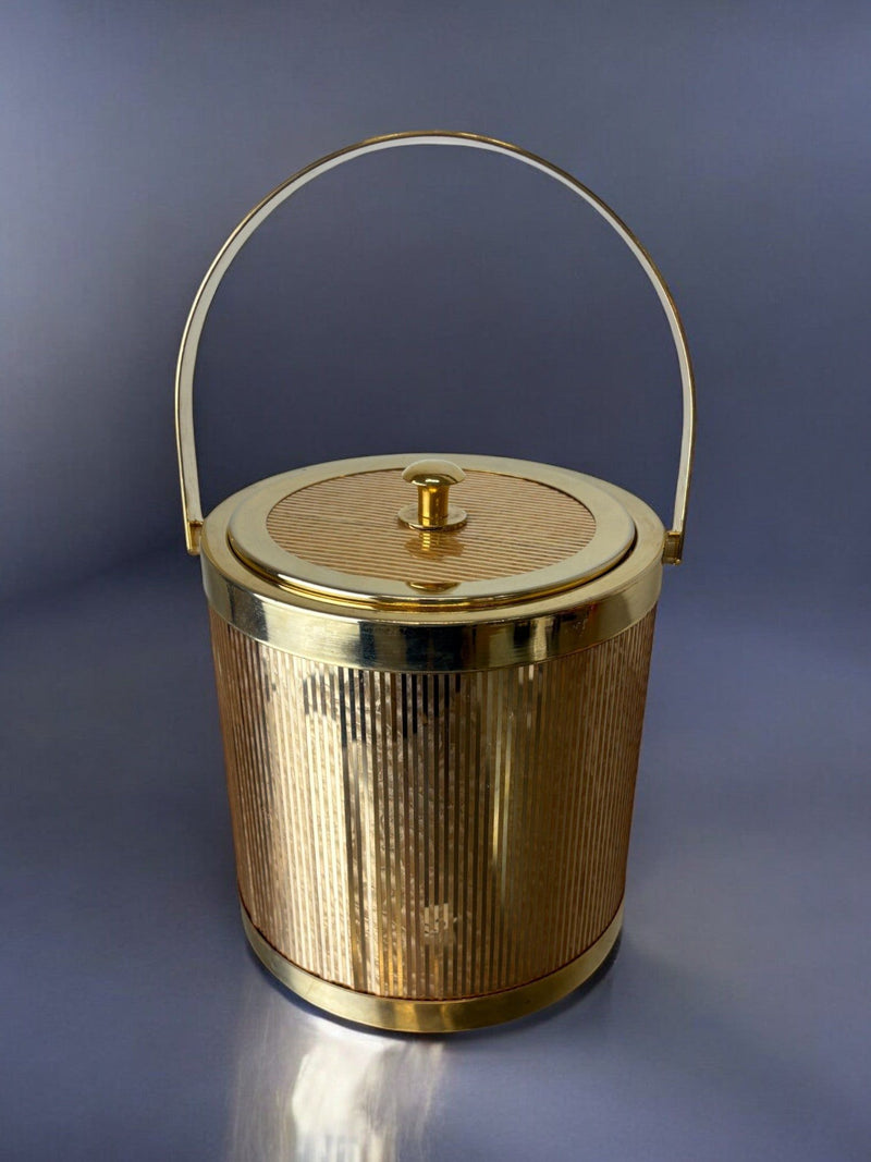 Golden brass ice bucket with ribbed texture and handle, Italian 1970s