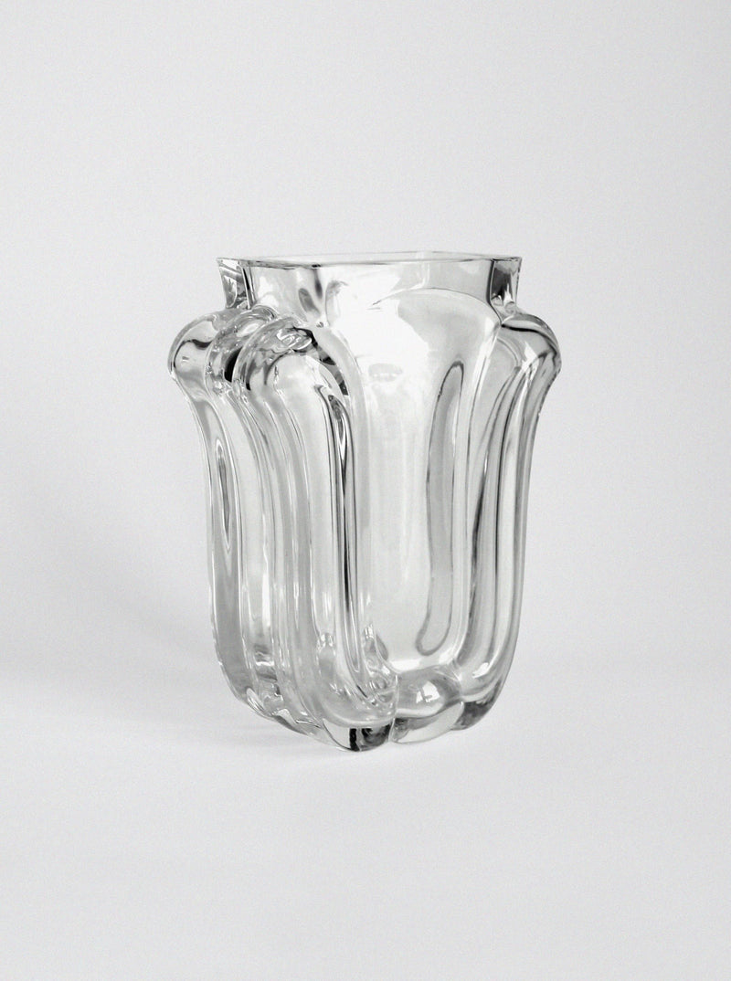 The Lars Hellsten "Tulip" Crystal Glass Vase by Vintage Stories features thick, wavy sides and an irregular sculptural shape, shown here against a plain white background.