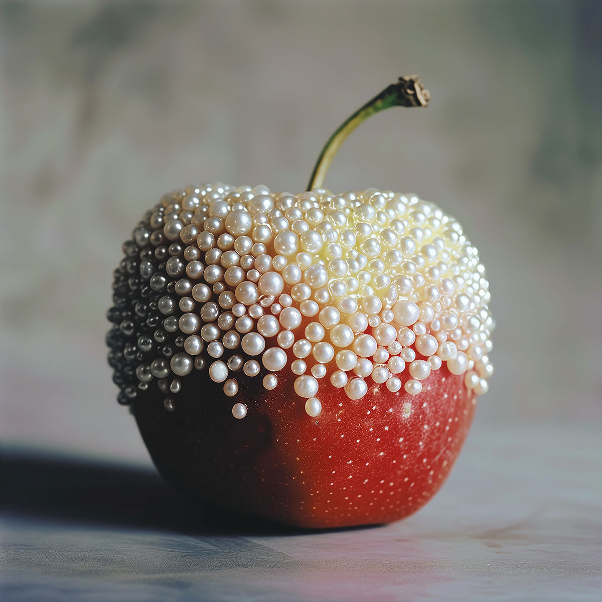 A red apple is adorably adorned with numerous small, white pearls covering its upper half, creating an intricate and whimsical pattern. This limited edition fine art print, *Apple and Pearls* by Adeline Mai, features a softly blurred background, emphasizing the unique texture and visual contrast between the apple's surface and the pearls.