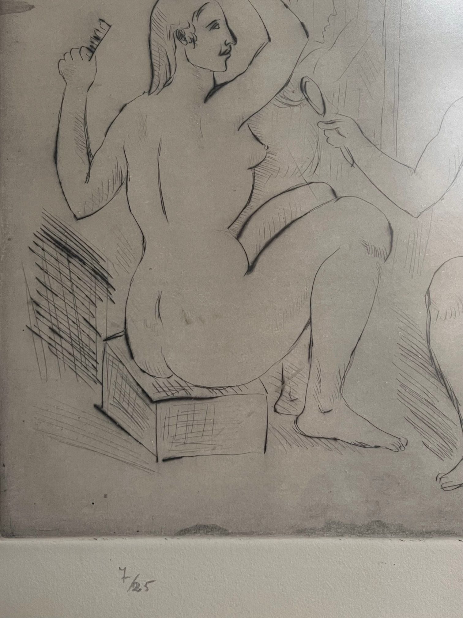 The "Bathers" drawing by Josep Busquets Odena, offered by Médecine, features a minimalistic style similar to an etching. It depicts two nude women seated, one holding a comb and the other a mirror. The outlines and shading emphasize their female forms, with the artwork's simplicity highlighting the elegance of the human shape.