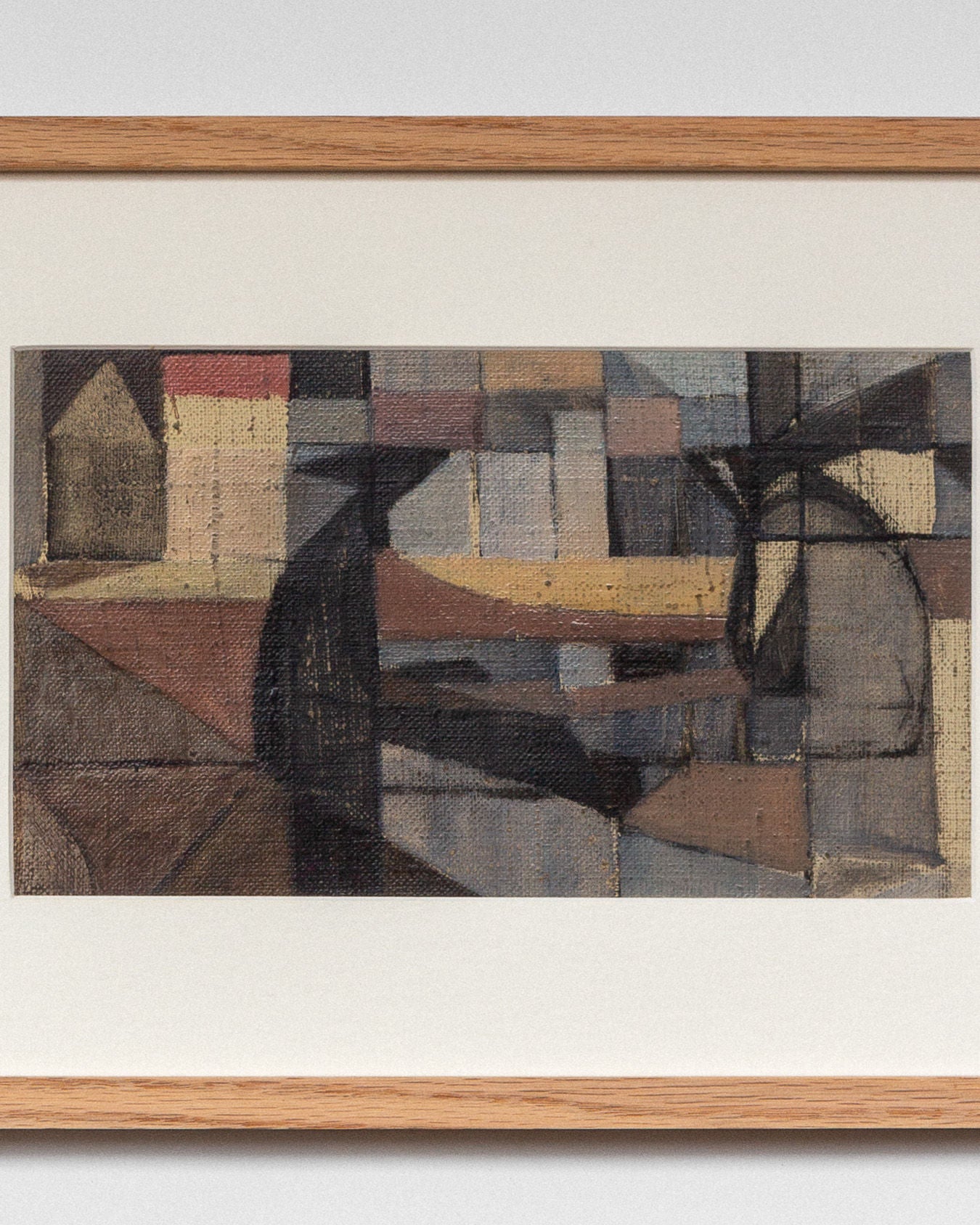 The "Abstract Oil Painting by Carl Riise" from Spigel features a cubist-influenced style with muted tones of brown, gray, and beige. Overlapping geometric shapes and subtle textures evoke the depth of an abstract cityscape, reminiscent of Sweden's 1970s artistic flair.