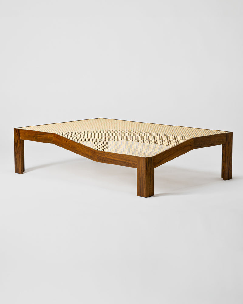 Modern walnut coffee table with woven cane top by Andre Grippi