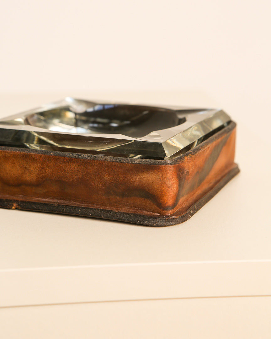 Italian Ashtray in Crystal and Leather 60's