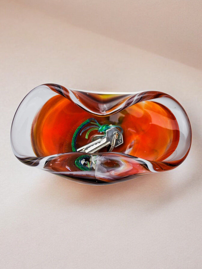 Vintage Sommerso glass ashtray with orange and green swirls