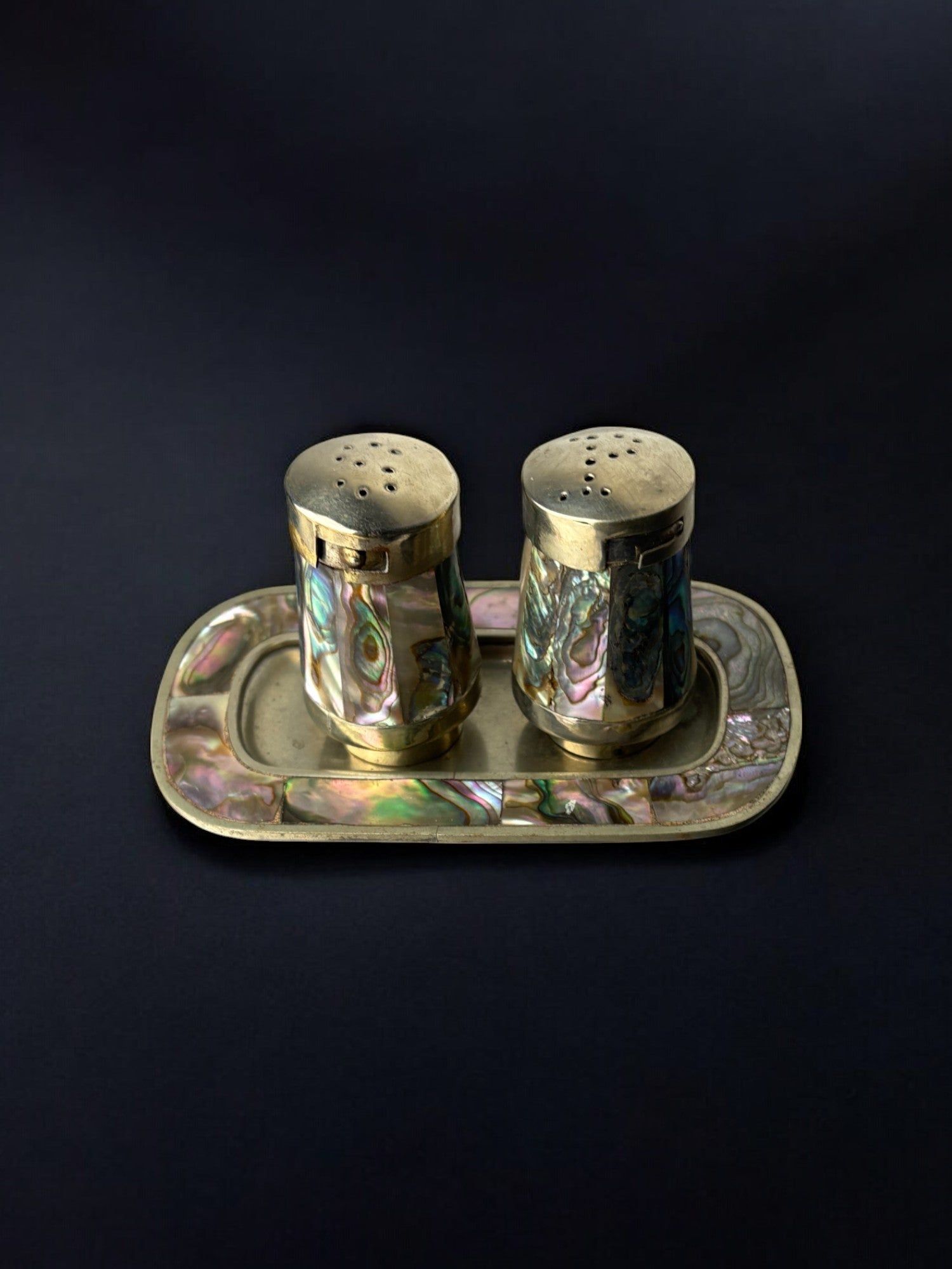 Abalone shell salt pepper shakers on matching tray Mexico 1970s