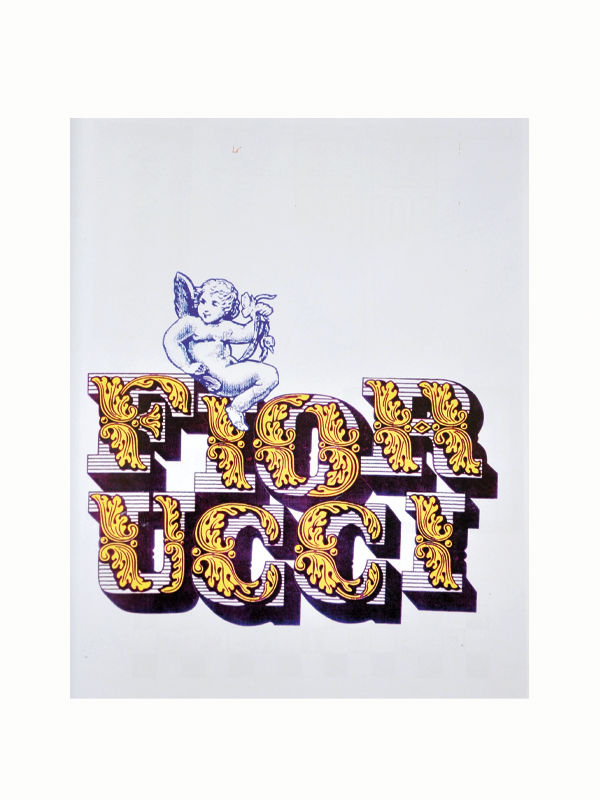 An illustration of an angel holding a trumpet, sitting on top of elaborately designed, ornate letters spelling "MAISON PLAGE" in gold and purple colors against a plain white background. This image captures the spirit of 1980s fashion and serves as an iconic brand element from the Fiorucci fashion book.