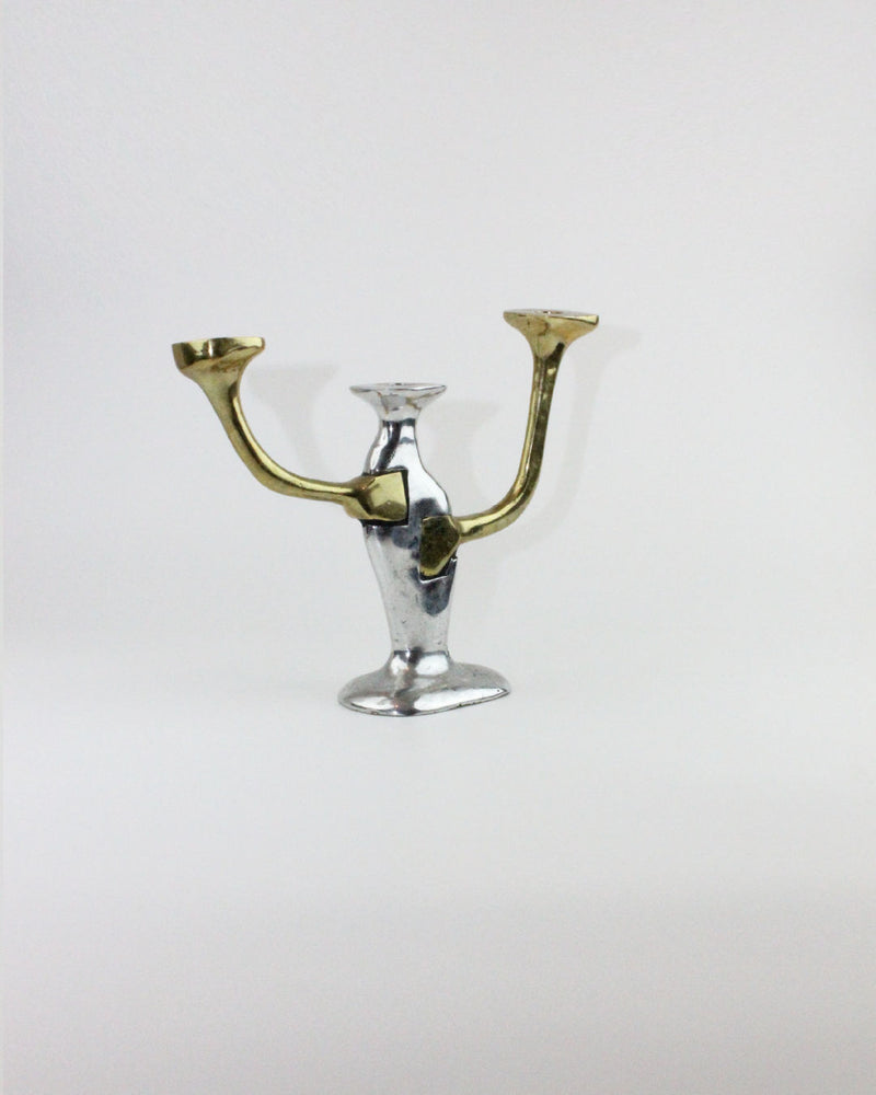 Brutalist three-arm brass and chrome candleholder from 1970s