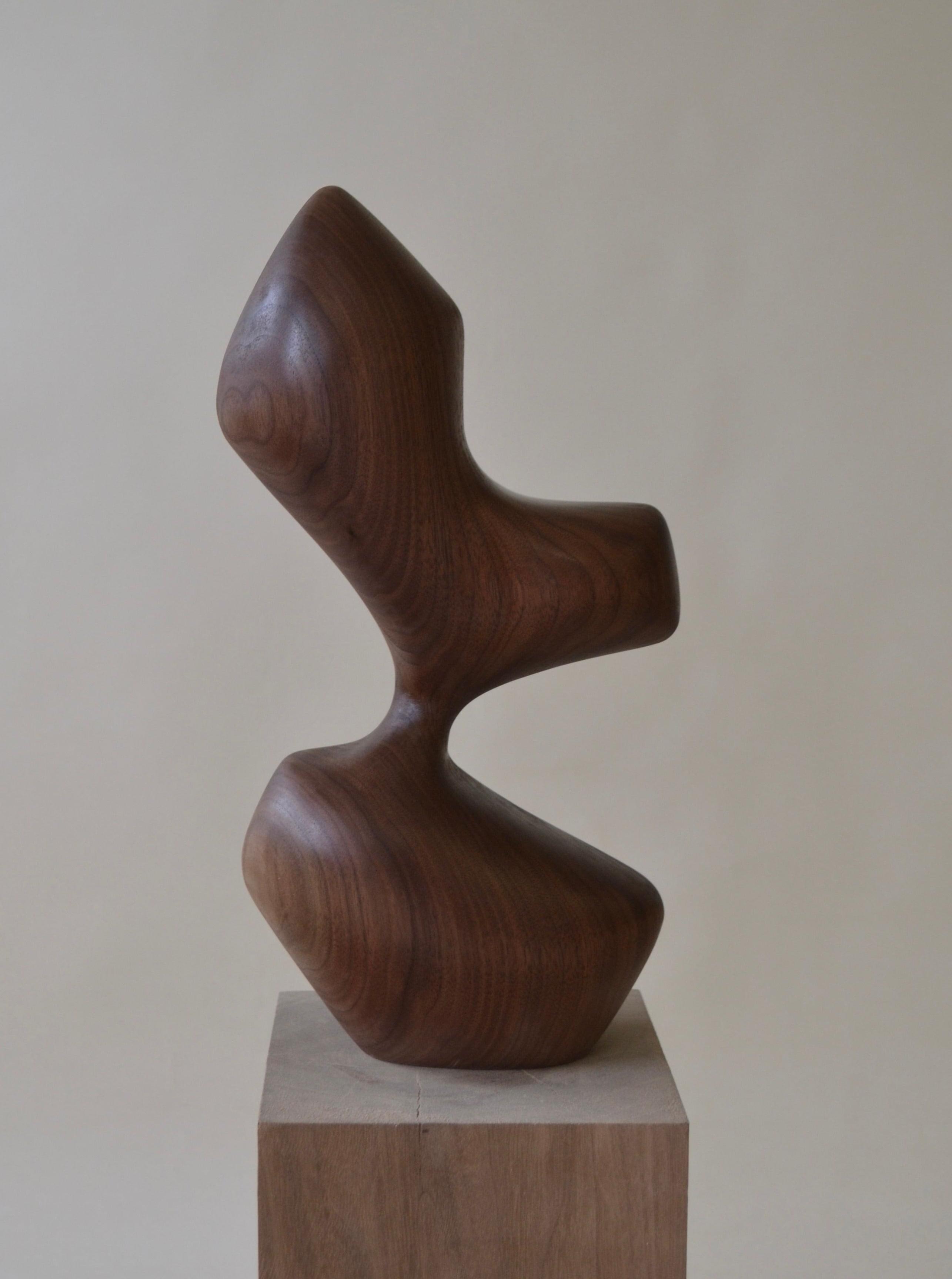 A Arbol wooden sculpture with a smooth, wavy form standing on a square pedestal, displaying rich, dark brown hues and visible wood grain patterns, perfect for home décor by Chandler McLellan.