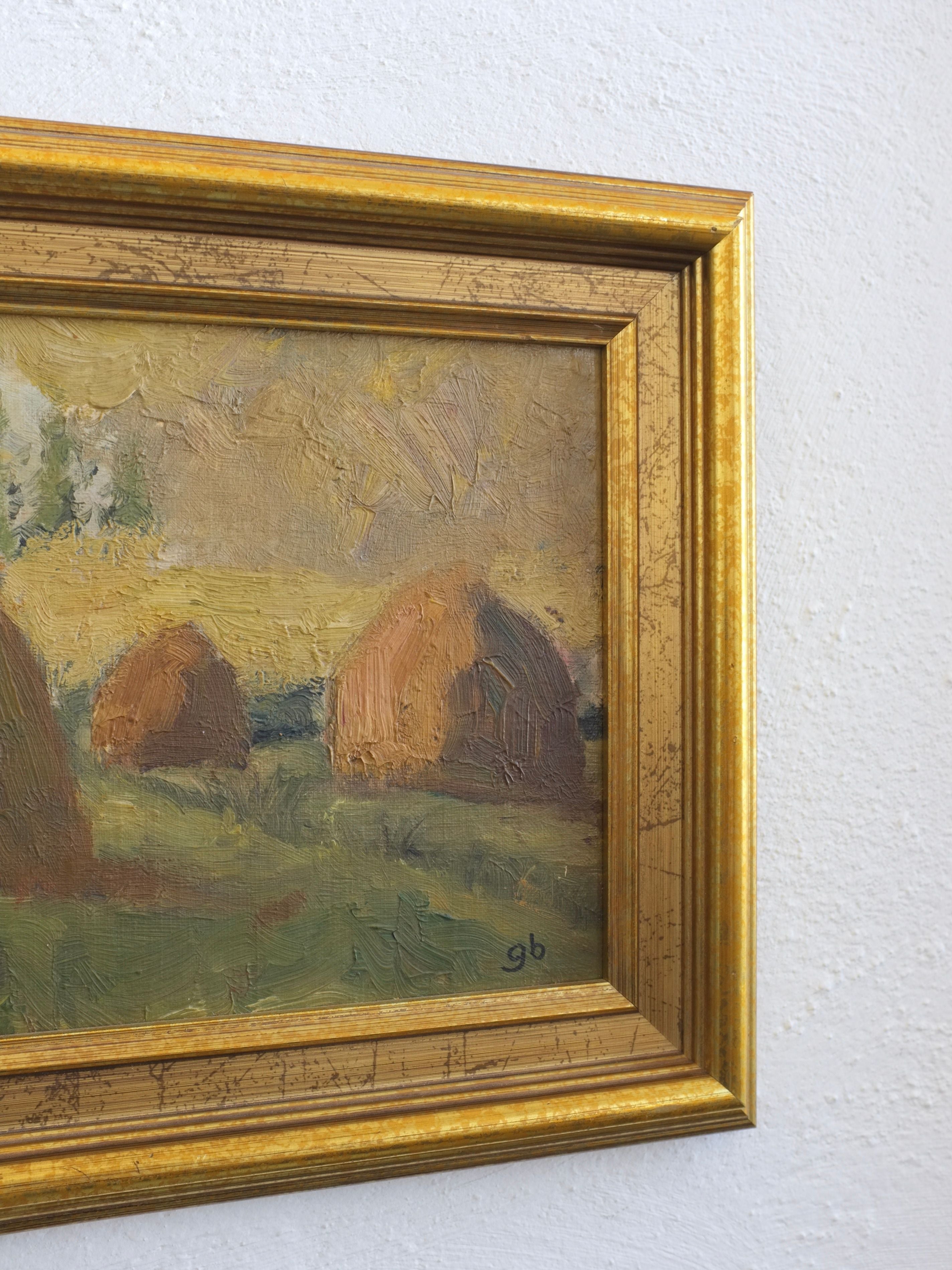 Small Landscape Painting "Haystacks" | 1950s