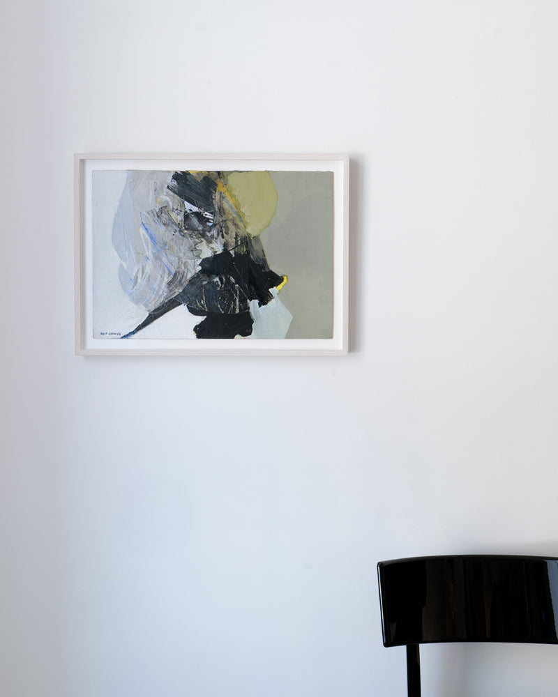 A minimalist interior showcases the "Abstract Composition" painting by Collection apart, featuring neutral tones and elegantly mounted on a white wall. Below it, a sleek black chair is partially visible, enhancing the room's serene aesthetic.
