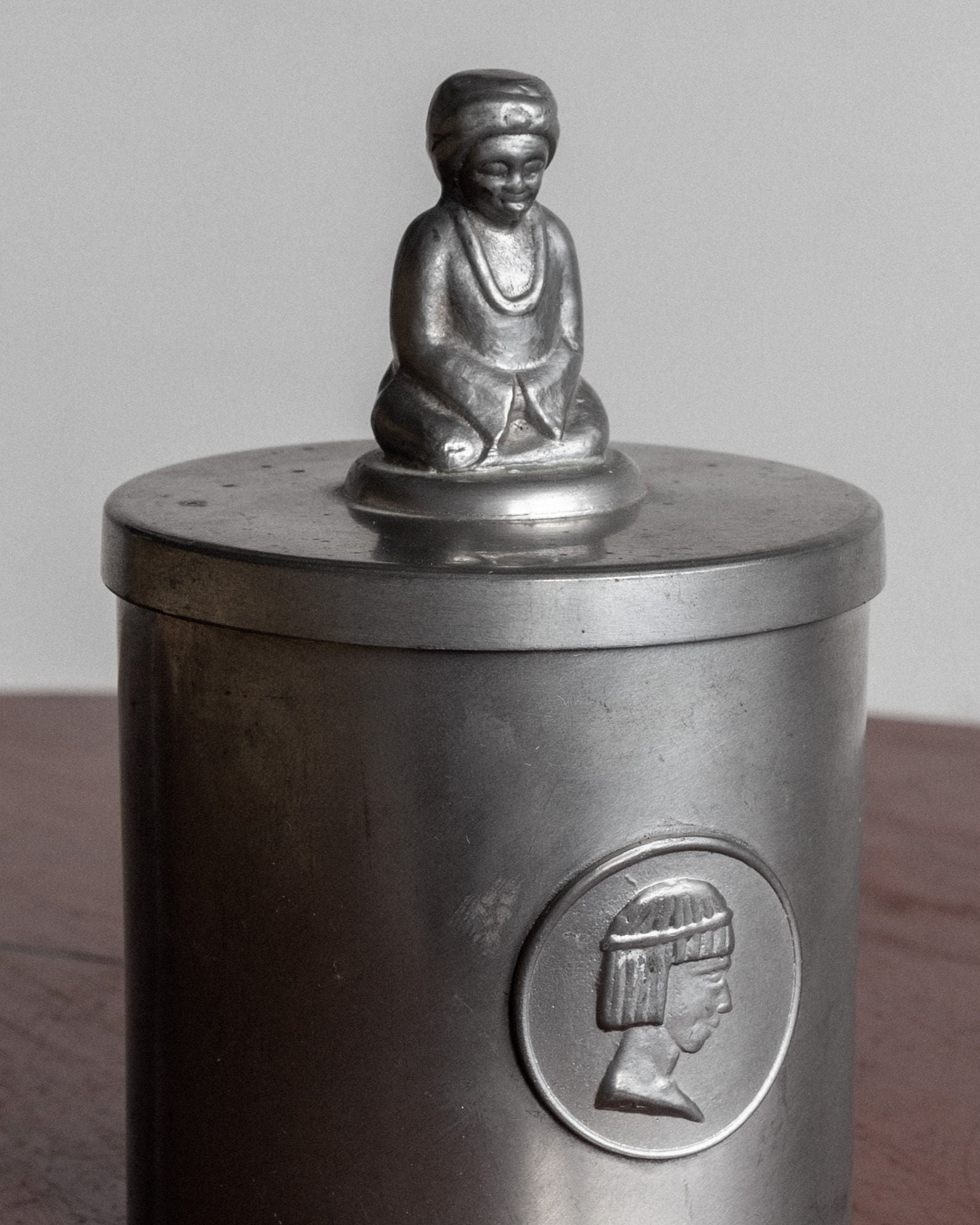 Art Deco pewter box with Egyptian Revival Buddha finial detail