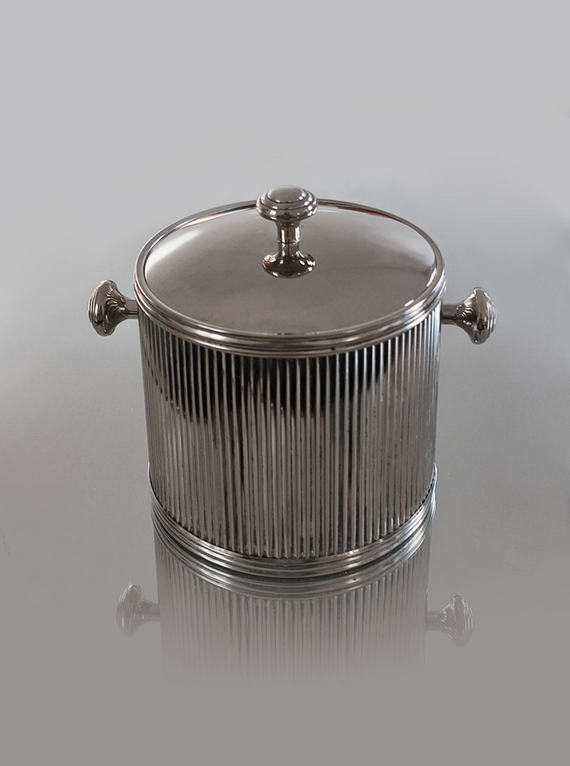 Silver plated ice bucket with ribbed texture and lid