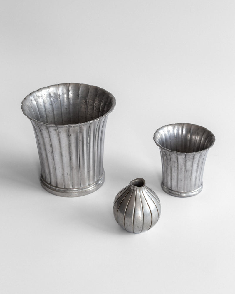 Three Just Andersen pewter vases 1930s with ribbed fluted design