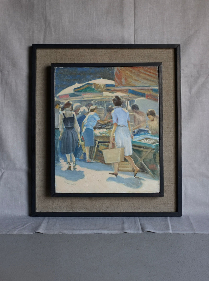 The "Vintage Genre Oil Painting with Market Scenes" by Veter Vintage, framed elegantly, captures a vibrant summer market day. The Spanish artist portrays people interacting energetically against a backdrop of colorful market stalls and umbrellas. The figures are depicted in mid-action, infusing the scene with lively dynamism, while the frame rests against a textured backdrop.