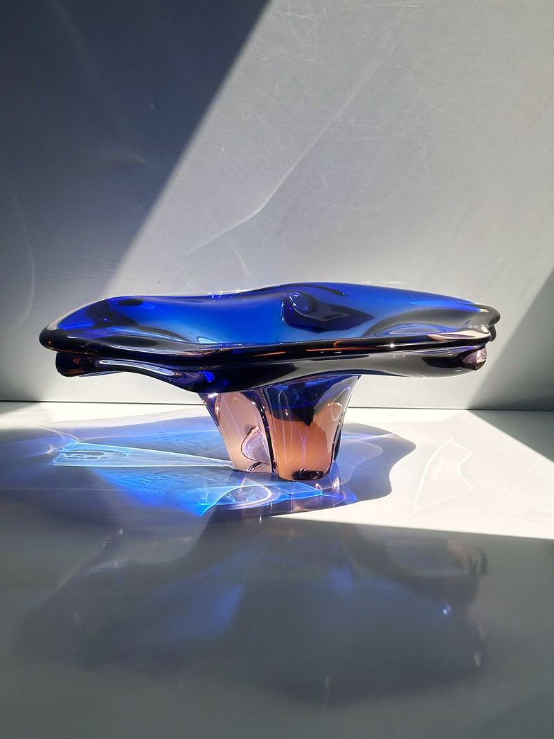 Large blue Bohemian glass bowl by Josef Hospodka, 1960s vintage